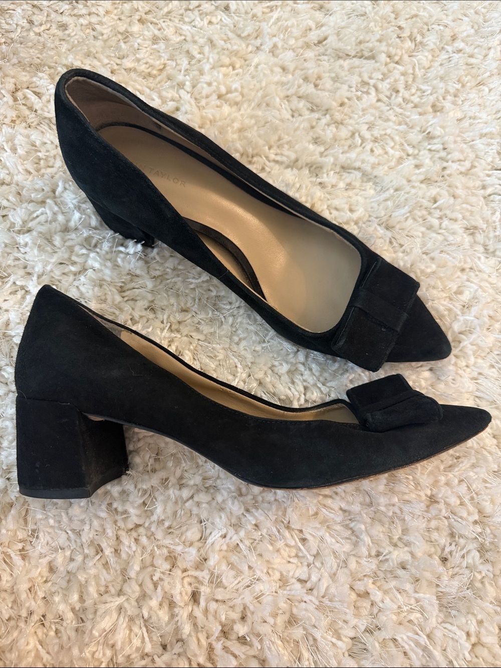 Ann Taylor Black Suede Pointed Toe Block Heel Pumps with Bow